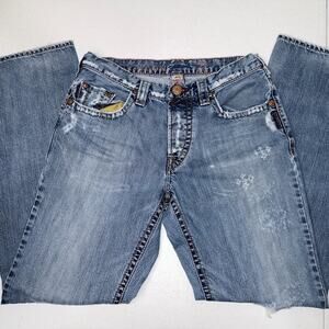 Distressed blue women's silver jeans button fly straight leg distressed  grayson